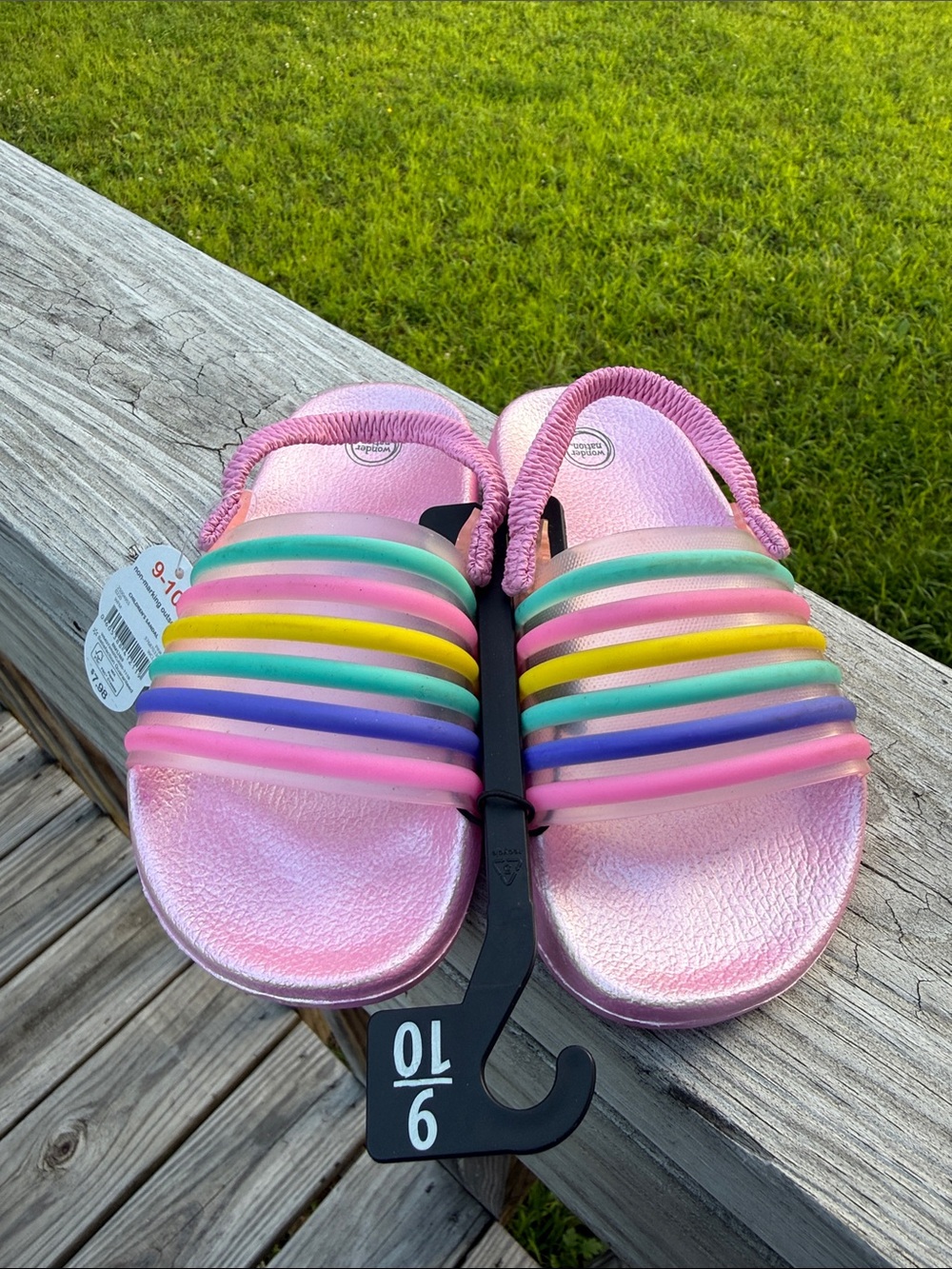 wonder nation Pink Slide Sandals with Multicolor Rainbow Straps